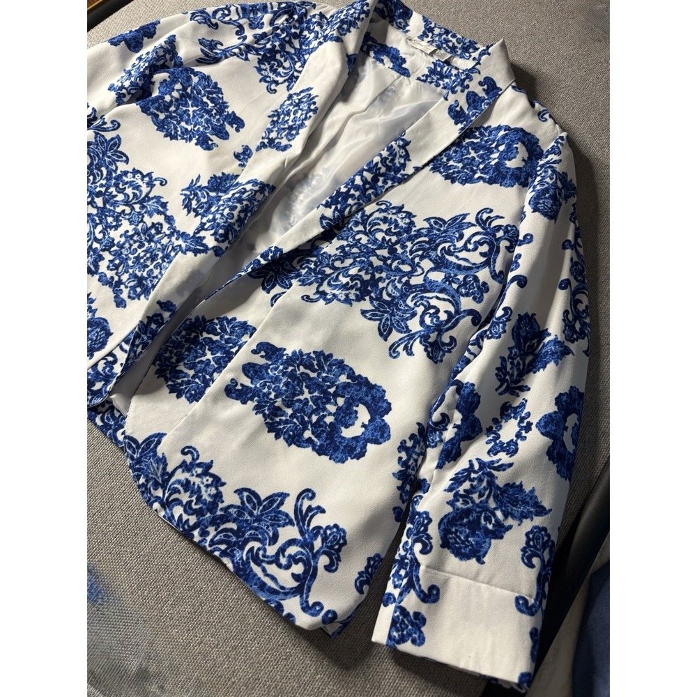Kim Rogers Women's Open Front Blazer Jacket Size Large Blue And White Floral - Picture 6 of 12